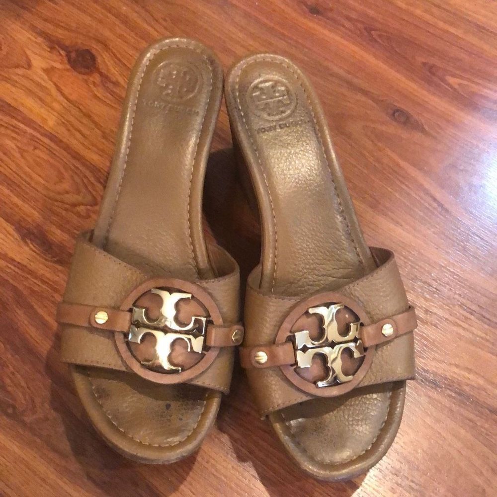 Tory Burch Tan Leather Slide Sandals with Gold Logo Medallions